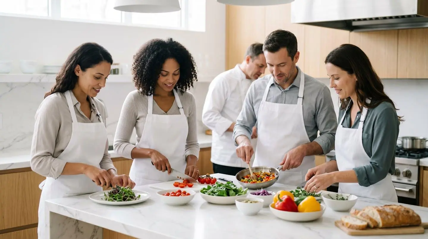 Quatre collaborateurs en entreprise préparant ensemble un plat gastronomique lors d'un atelier cuisine animé par un chef, plan de travail blanc avec ingrédients frais colorés, lumière naturelle douce
