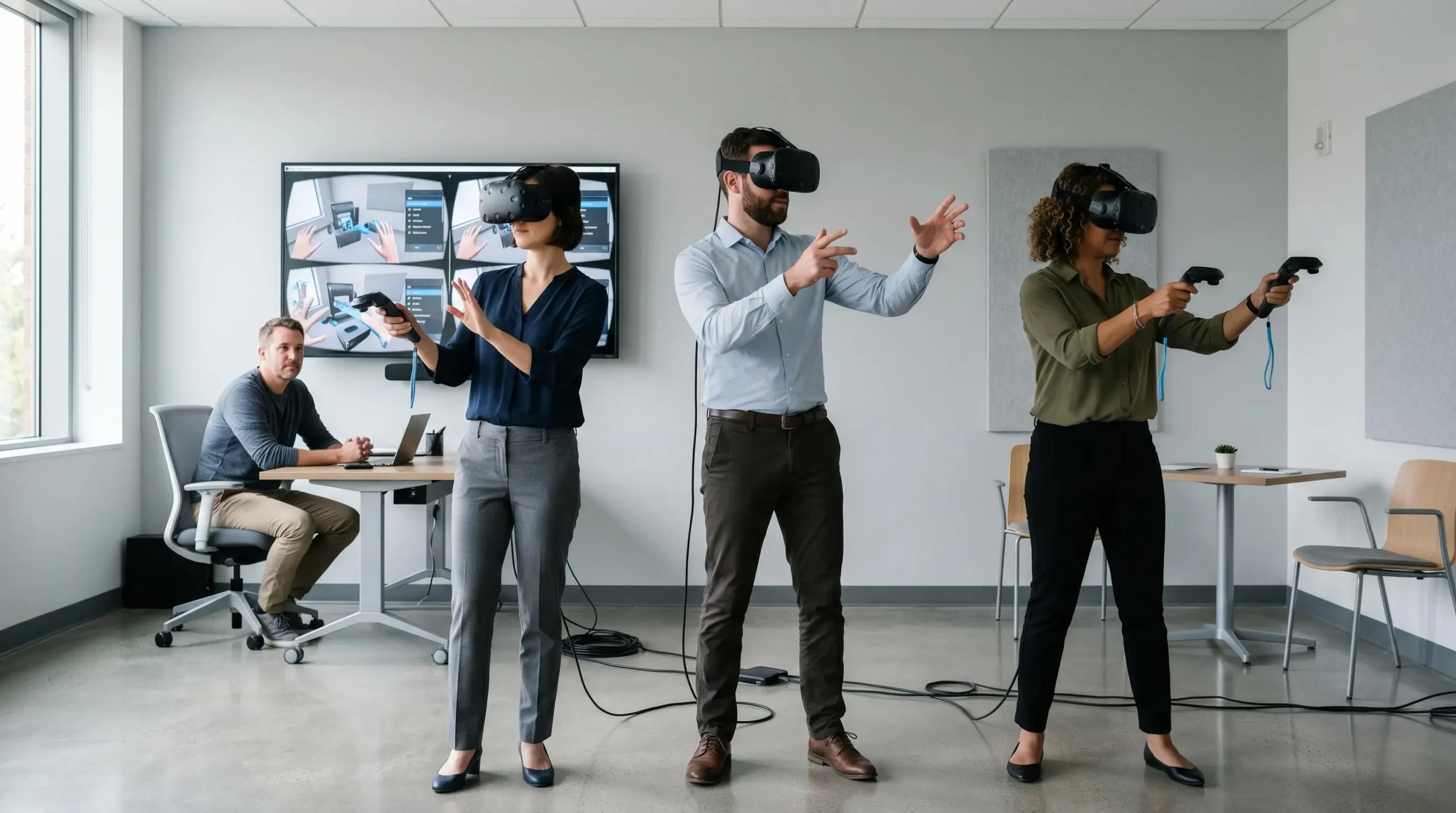 Trois collaborateurs portant des casques de réalité virtuelle lors d'une session de formation immersive collaborative dans un espace de travail moderne épuré, facilitateur observant un écran de monitoring en arrière-plan