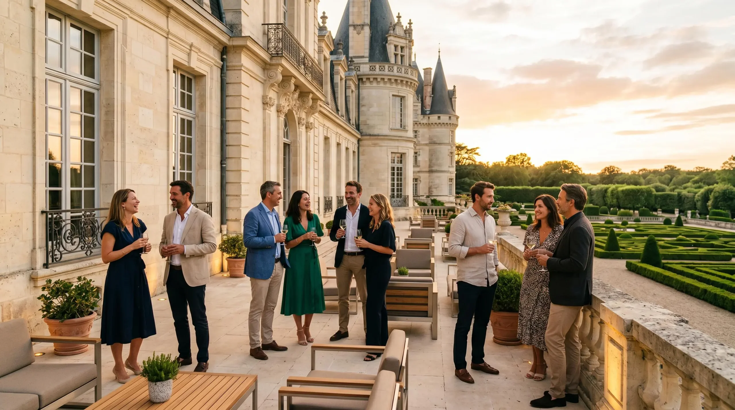 Groupe de professionnels en discussion conviviale sur la terrasse d'un château français lors d'un séminaire incentive au coucher du soleil, architecture classique en pierre calcaire et jardin structuré en arrière-plan